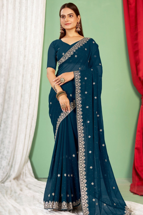 Prussian Blue Embroidered Georgette Light Weight Saree