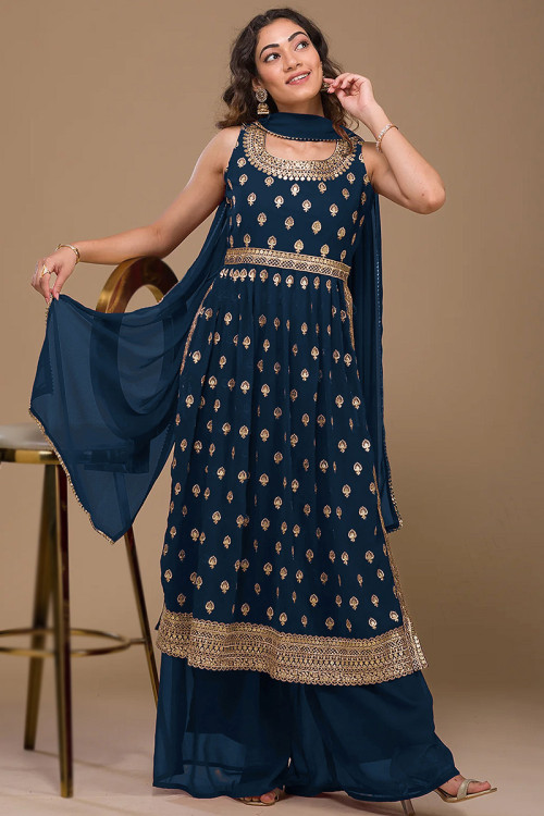 Prussian Blue Embroidered Palazzo Suit in Georgette 