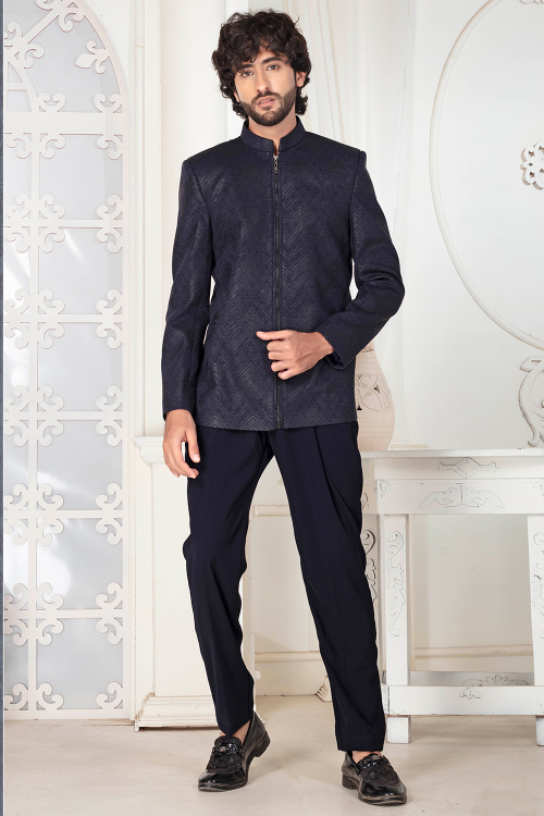 Prussian Blue Embroidered Rayon Men's Jacket Style Outfit 