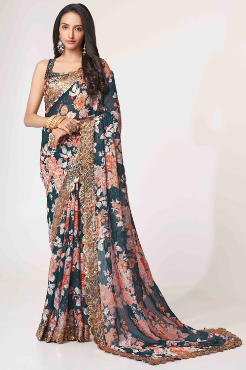 Prussian Blue Festival Wear Georgette Printed Saree