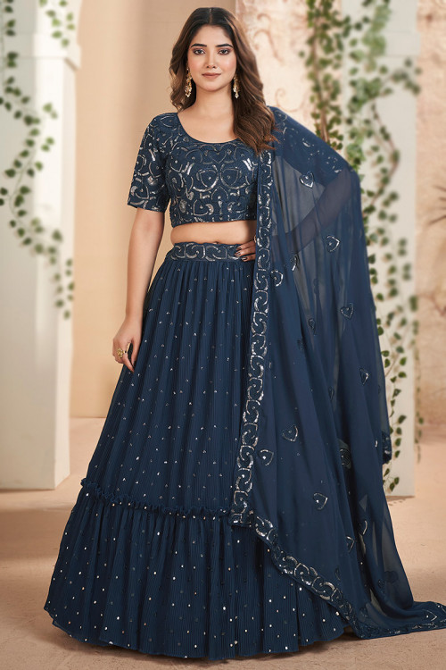 Prussian Blue Georgette Embroidered Flared Lehenga 