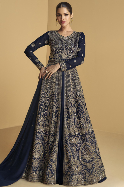 Prussian Blue Georgette Embroidered Front Slit Anarkali Suit 