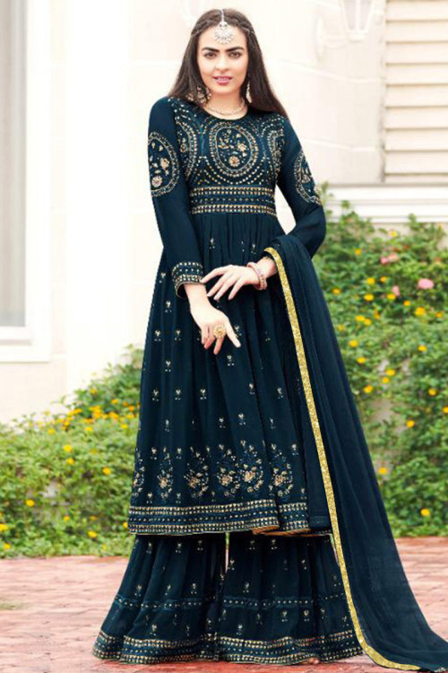 Prussian Blue Georgette Embroidered Pakistani Wedding Sharara Suit