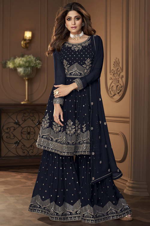 prussian blue georgette embroidered sharara suit lstv118526 1