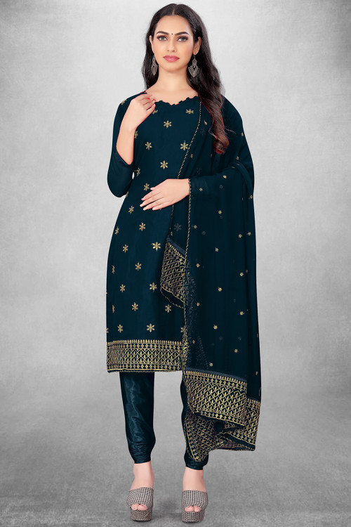 Prussian Blue Georgette Embroidered Straight Cut Churidar Suit