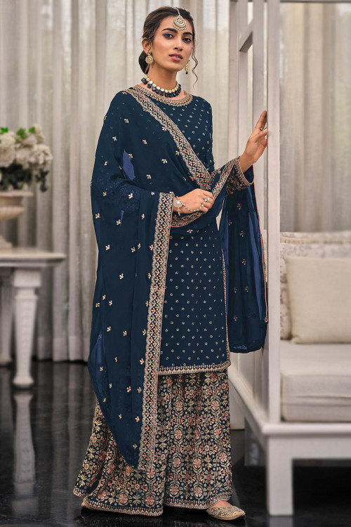 Prussian Blue Georgette Embroidered Straight Cut Sharara Suit
