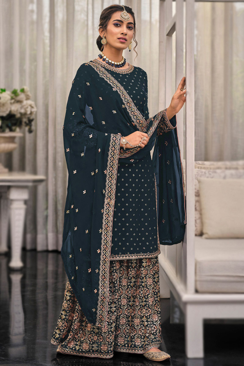 Prussian Blue Georgette Embroidered Straight Cut Sharara Suit for Wedding & Party