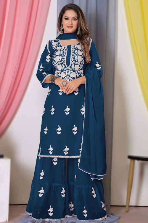 Prussian Blue Georgette Embroidered Straight Cut Sharara Suit