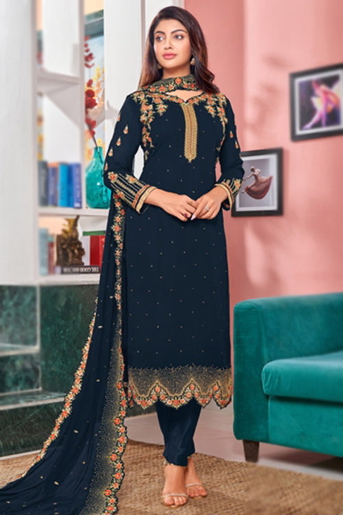 Prussian Blue Straight Cut Georgette Trouser Suit for Party