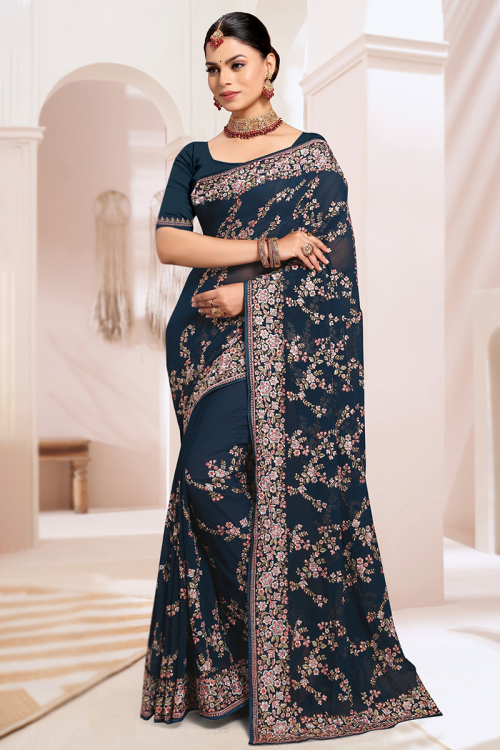 Prussian Blue Georgette Heavy Embroiderd Saree
