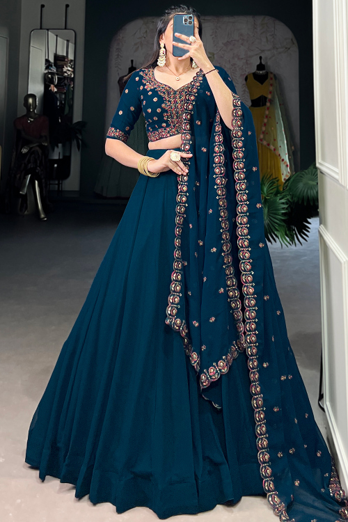 Prussian Blue Georgette Lehenga For Diwali