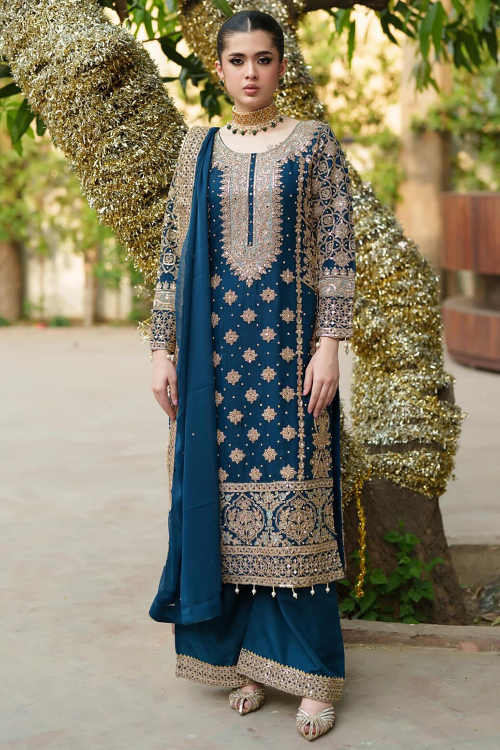 Prussian Blue Georgette Straight Pants Suit With Dori Work