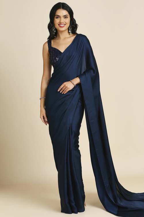 Prussian Blue Light Weight Silk Plain Saree