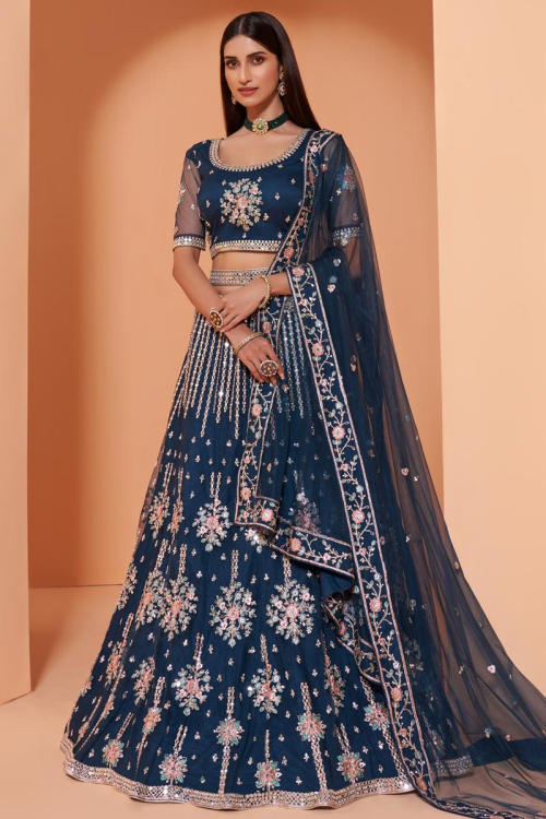 Prussian Blue Net A-Line Wedding Wear Lehenga