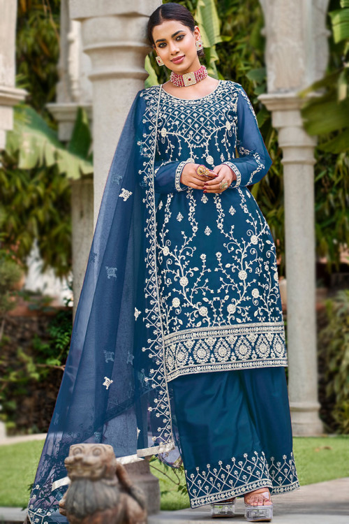Prussian Blue Net Embroidered Straight Cut Palazzo Suit