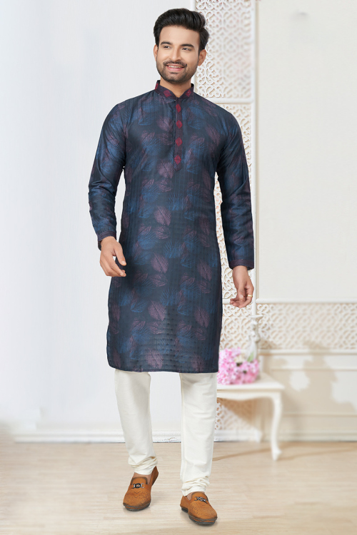 Prussian Blue Printed Cotton Straight Cut Men's Kurta Churidar