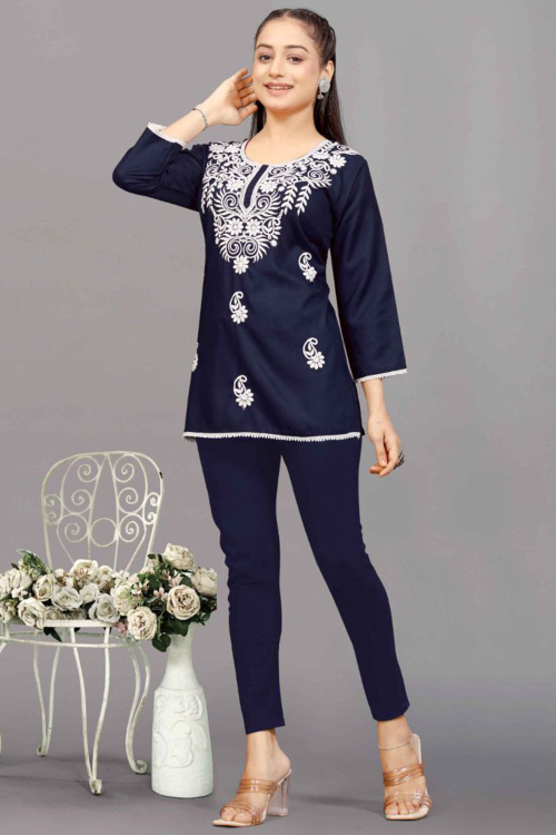 Prussian Blue Rayon Embroidered Short Casual Wear Kurti 