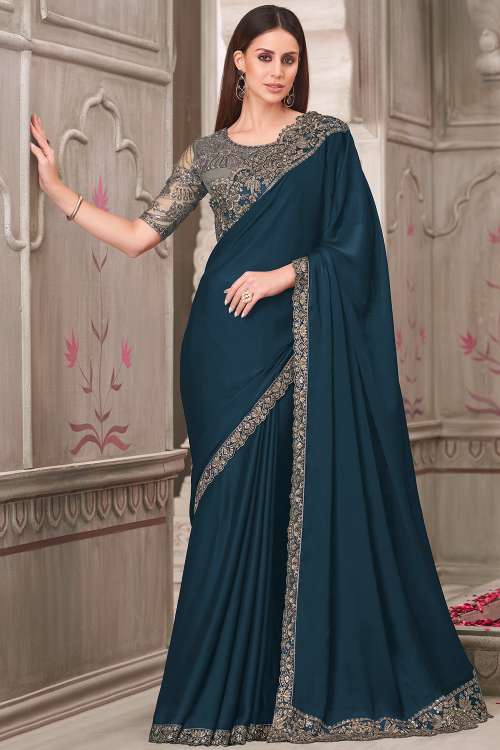 Prussian Blue Satin Embroidered Fancy Saree