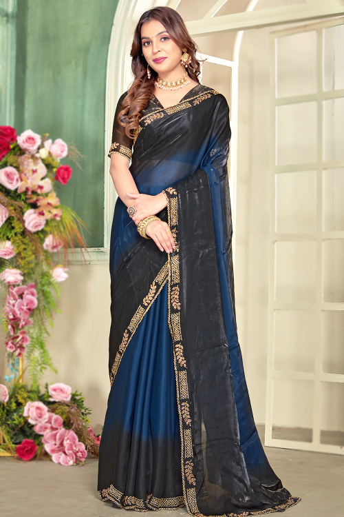 Prussian Blue Shimmer Organza Printed Saree