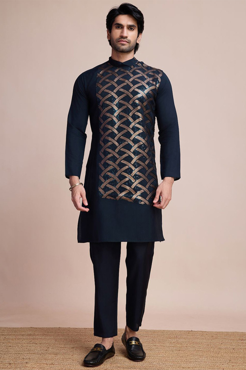 Prussian Blue Silk Blend Embroidered Straight Cut Men's Kurta