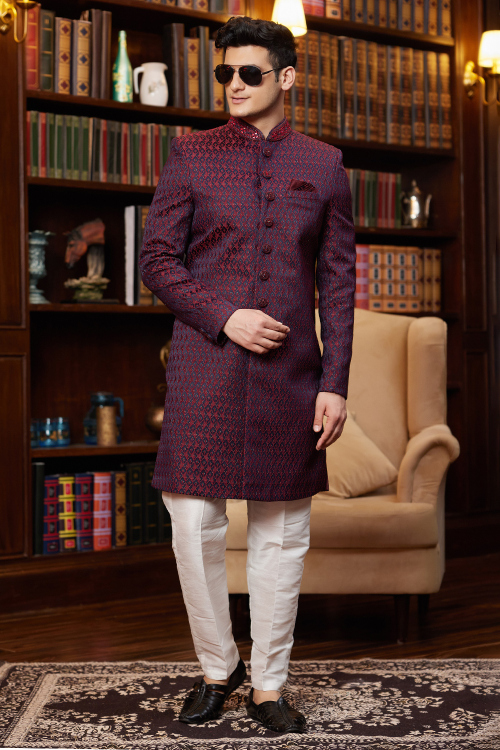 Prussian Blue Silk Blend Embroidered Straight Cut Men's Sherwani