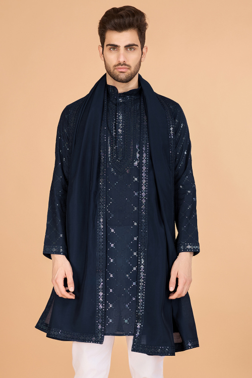 Prussian Blue Silk Blend Men's Kurta With Sequins Work For Festival
