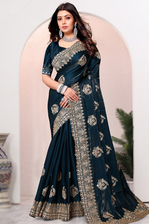 Prussian Blue Silk Dori Embroidered Saree For Sangeet 