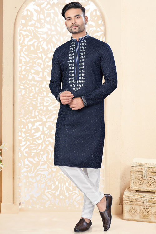 Prussian Blue Silk Embroidered Straight Cut Men's Kurta Pajama