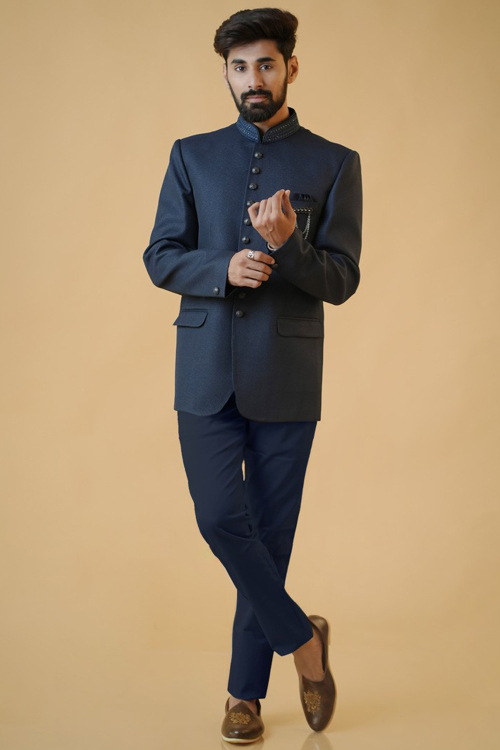 Prussian Blue Silk Jodhpuri Style Plain Men's Sherwani 