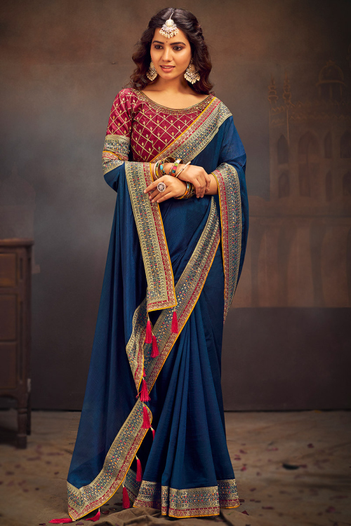 Prussian Blue Silk Lace Embroidered Wedding Wear Saree 