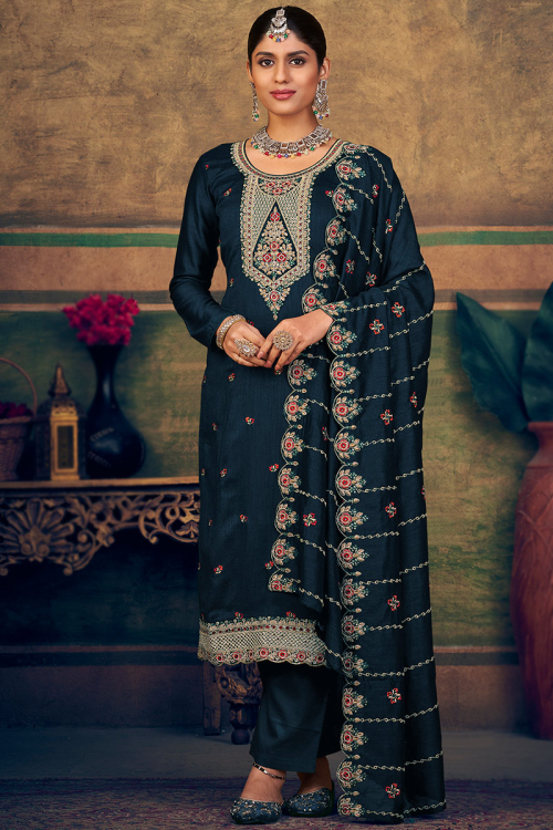 Prussian Blue Silk Resham Embroidered Straight Cut Salwar Suit