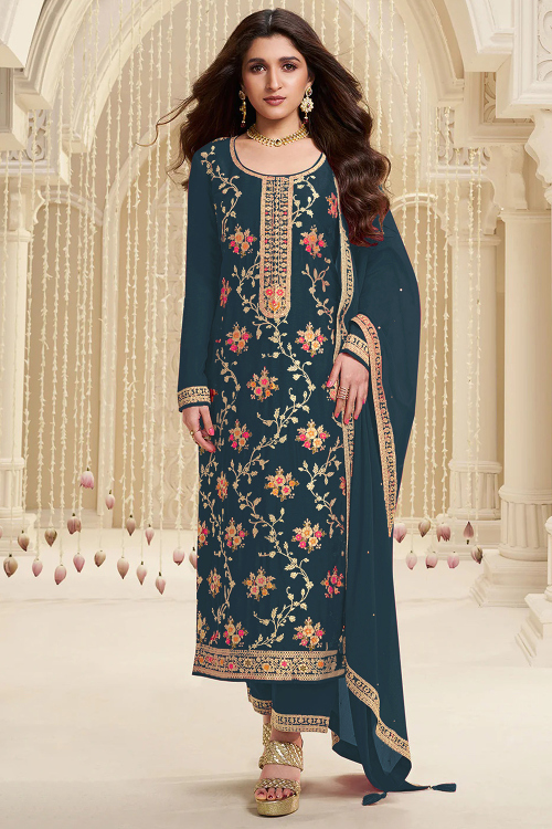 Prussian Blue Silk Weaved Straight Cut Trouser Suit