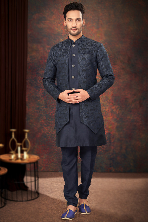 Prussian Blue Silk Weaved Thread Jacket Style Men's Sherwani