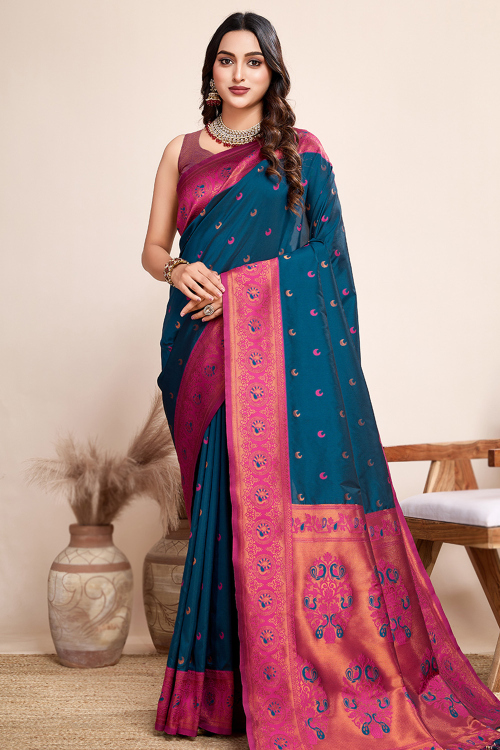 Prussian Blue Silk Woven Zari Saree With Rani Pink Blouse