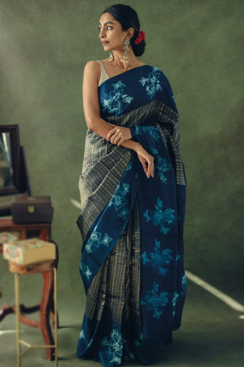Prussian Blue Silk Woven Zari Light Weight Saree