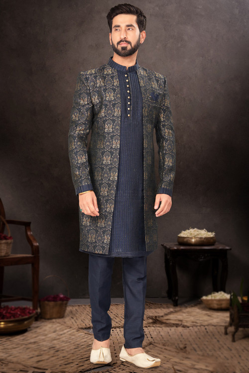 Prussian Blue Silk Zari Embroidered Jacket Style Men's Kurta Pajama 