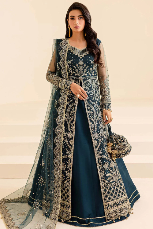 Prussian Blue Soft Silk Embroidered A Line Lehenga 