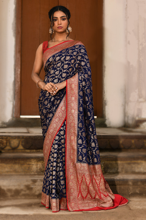 Prussian Blue Soft Silk Woven Zari Broad Border Saree 