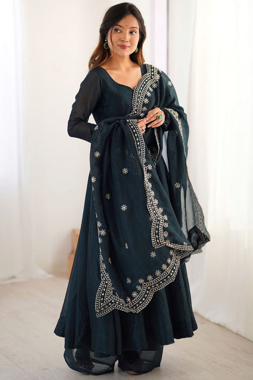 Prussian Blue Tissue Silk A Line Palazzo Suit For Festival
