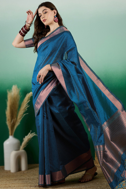 Prussian Blue Tissue Silk Woven Zari Light Weight Saree