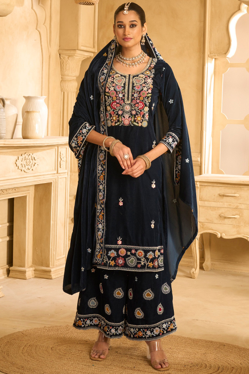 Prussian Blue Velvet Straight Pant Suit With Beads Work For Festival