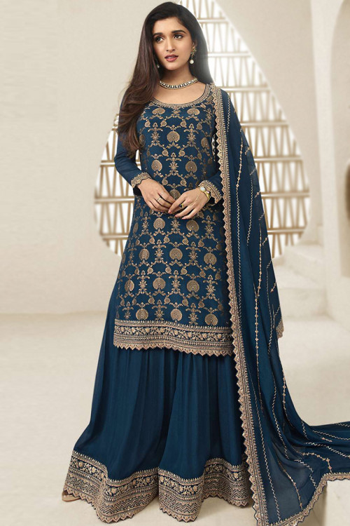Prussian Blue Weaved Zari Chinnon Sharara Suit For Eid 
