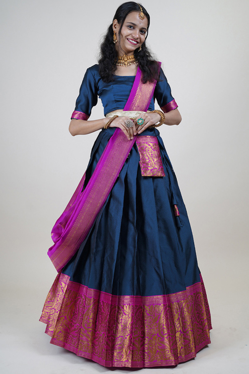 Prussian Blue Weaved Zari Silk South Indian Style Lehenga