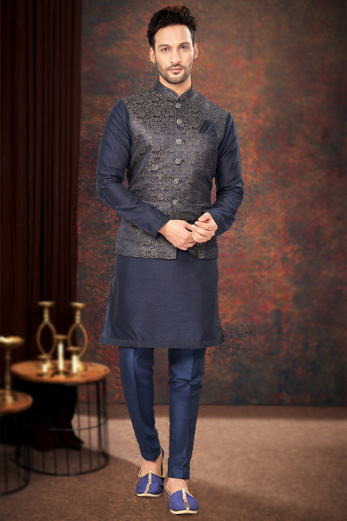 Prussian Blue Weaved Zari Waist Coat Style Men's Kurta Pajama 