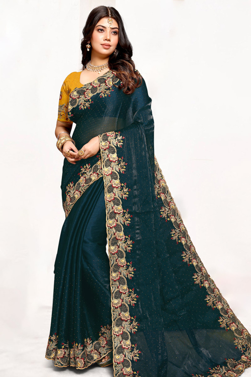 Prussian Blue Zari Embroidered Shimmer Chiffon Saree 