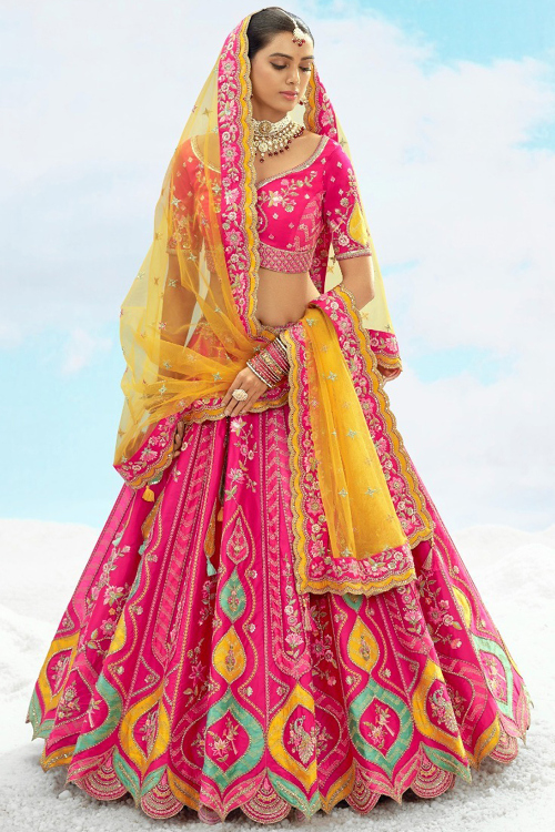 Punch Pink Art Silk Lehenga With Zari Work For Diwali