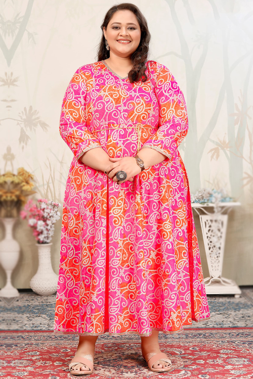 Punch Pink Cotton Rayon Dress with Printed Work for Casual Wear