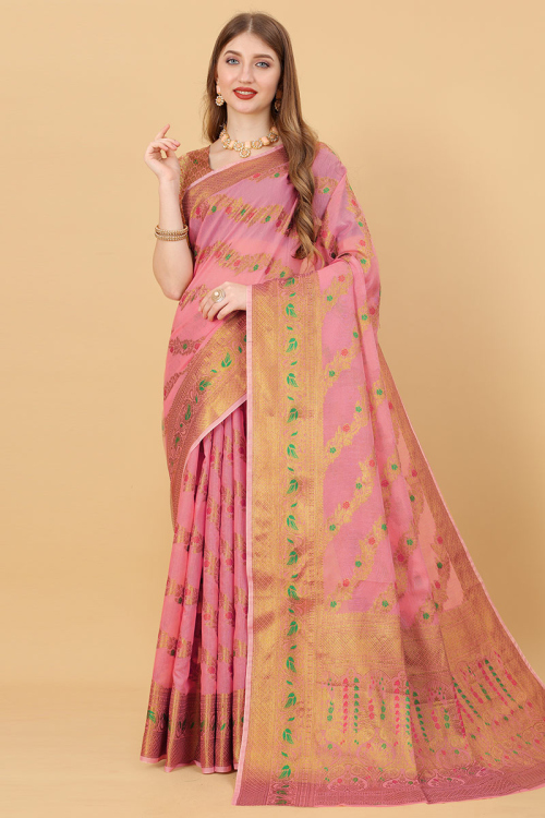 Punch Pink Cotton Silk Woven Zari Saree