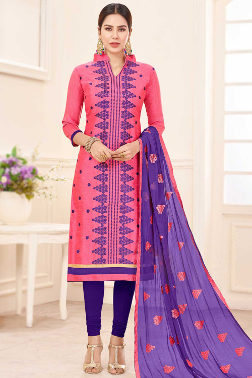 Party Wear Thread Embroidered Punch Pink Churidar Suit in Cotton