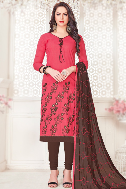 Casual Wear Thread Embroidered Churidar Suit in Cotton Punch Pink